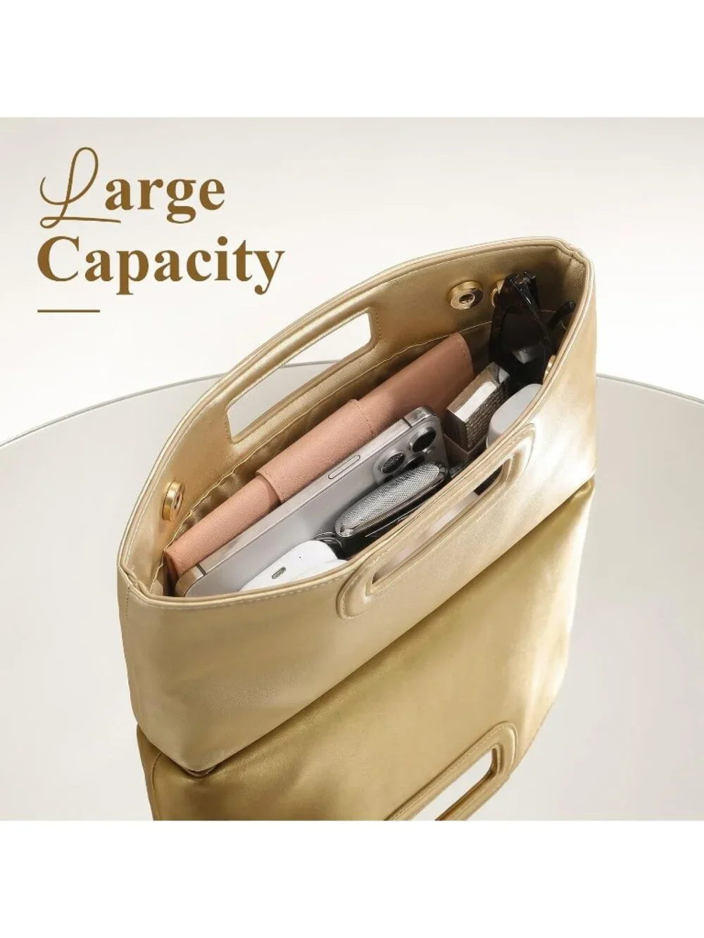 Women Lightgold Clutch Handbag Modern Faux Leather with Metal Handle Evening Bag